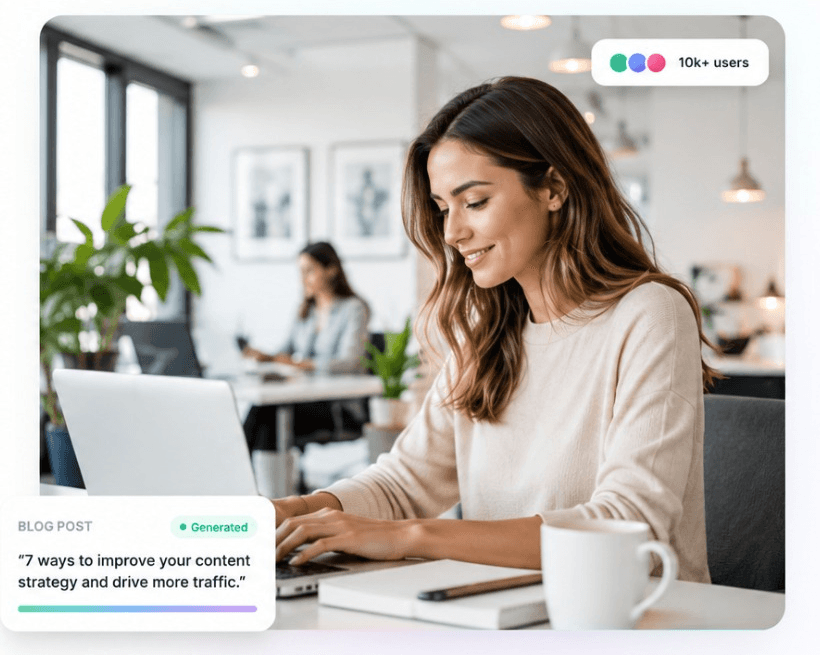 Female creator working on laptop with Writiqx-generated content cards